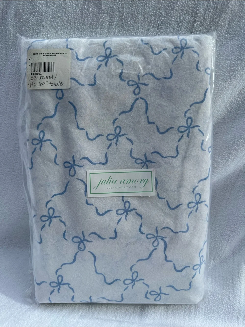 New Julia Amory Blue Bow Ribbon Print Tablecloth 120”